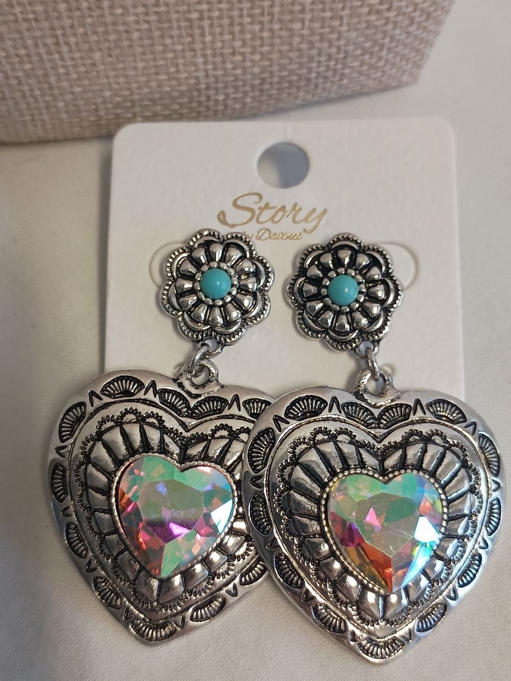 Silver Heart Drop Earrings with Iridescent Crystal and Turquoise Accent - Picture 3 of 6